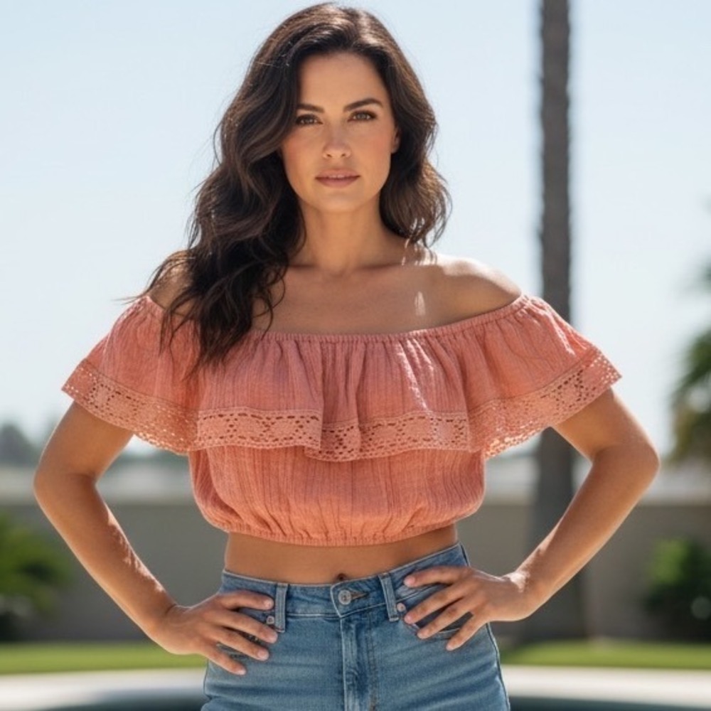 Roxy Golden Tropic Solid Off Shoulder Crop Top Coral Pink Lace Cottagecore Boho